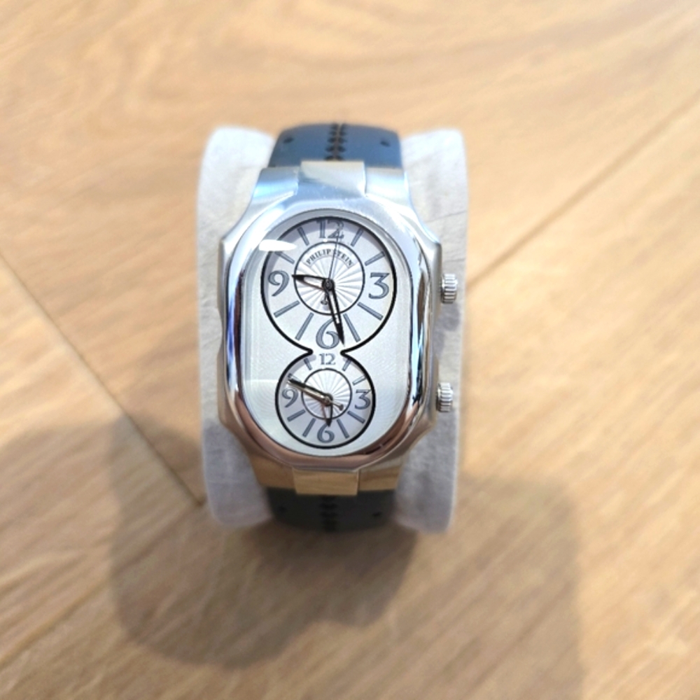 Philip Stein Silver and Black Dual Dial Watch with Blue Strap